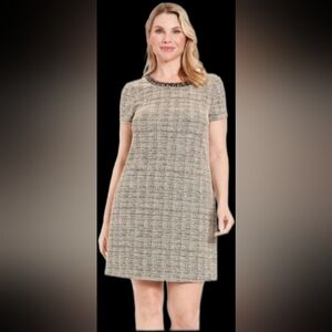 London Times Womens Beige Embellished Neck Tweed Short Sleeve Tshirt Dress Sz 10